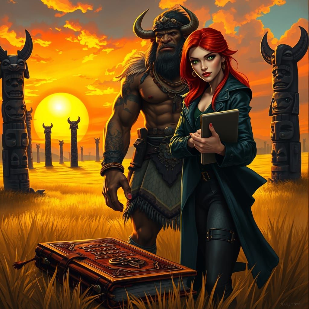 Ancient Tauren Warrior Stands Proud in Golden Prairie Sunset