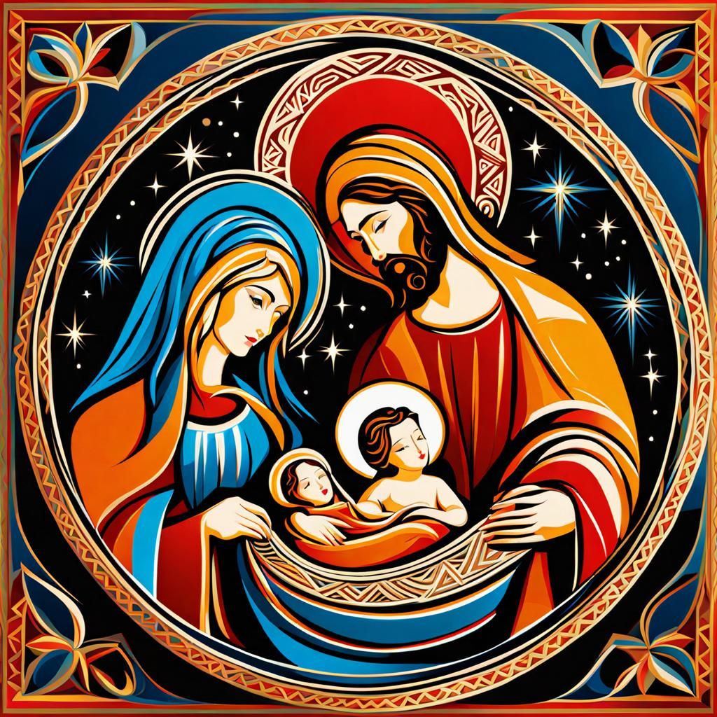 Stylized Nativity Scene with Geometric Patterns