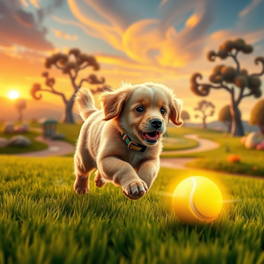 Golden Retriever Puppy's Sunset Chase, Fantasy Concept Art
