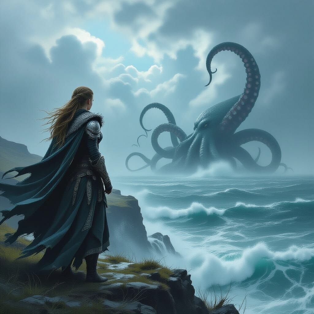Viking Warrior Facing Kraken on Stormy Cliff
