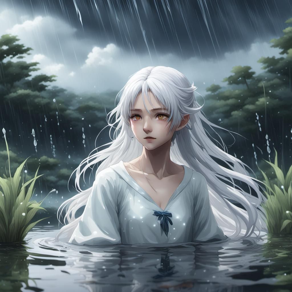Anime Water Lady Emerging from Pond in Rain