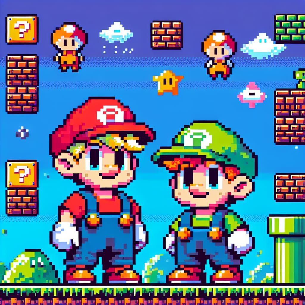 Pixel Art: Sibling Plumbers in Whimsical World