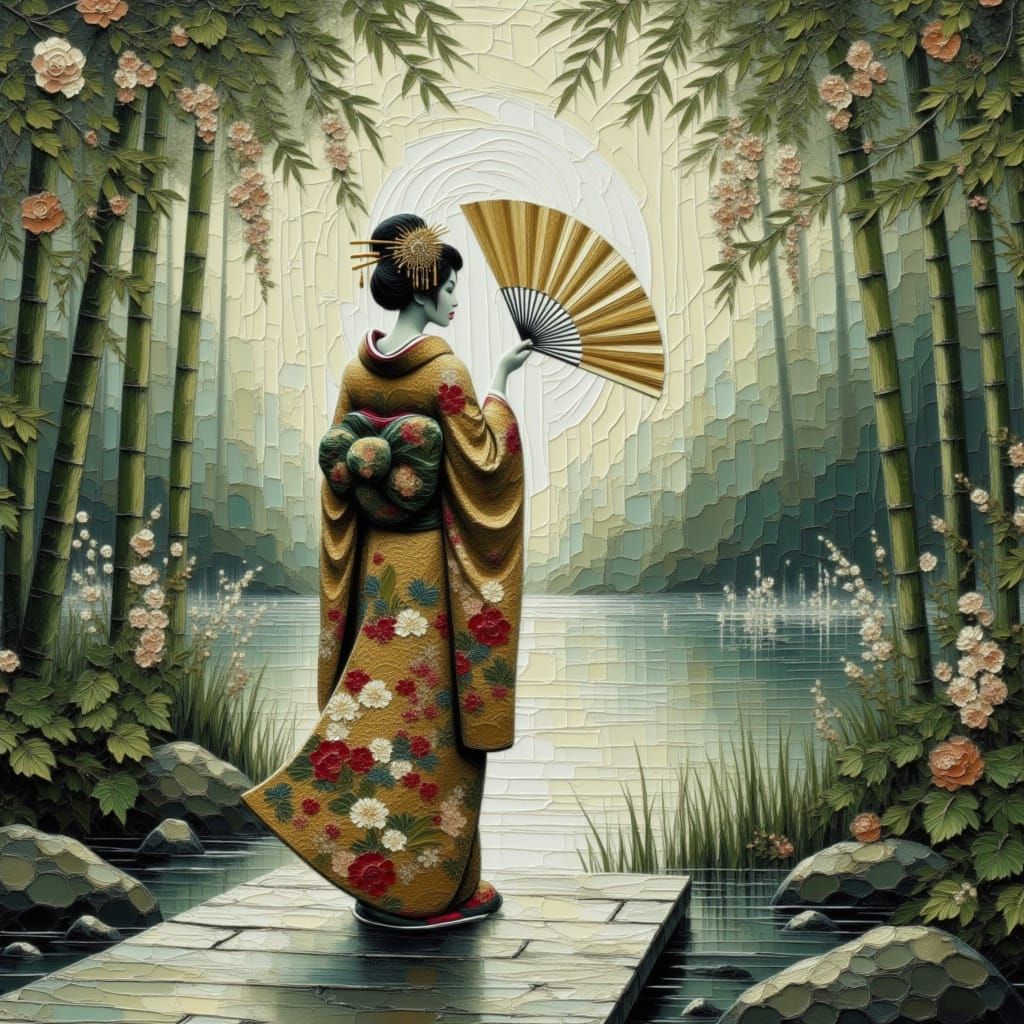 Geisha Walks Through Foggy Bamboo Forest in Ukiyo-e Style