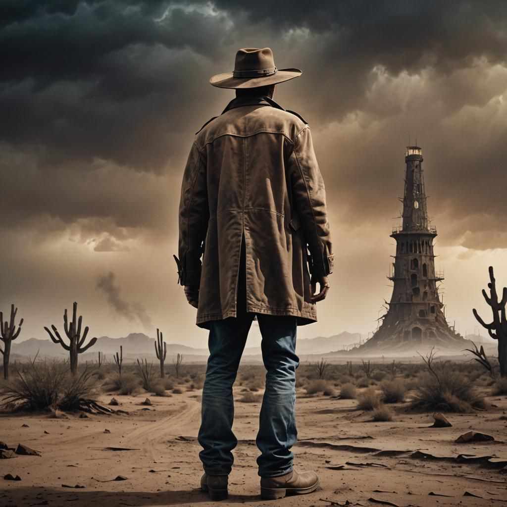 Man in Worn Clothing Before Desert Tower