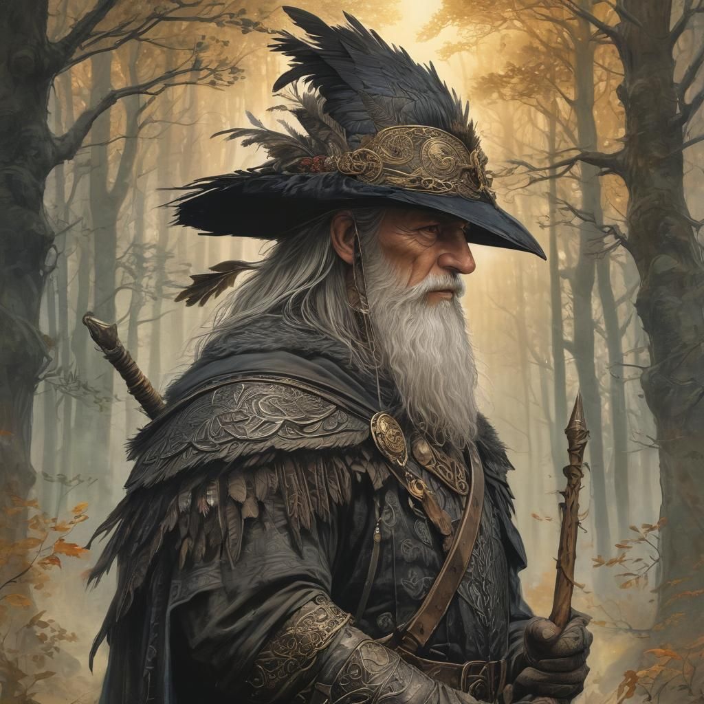 Odin Portrait in Misty Forest, Mythological Illustration