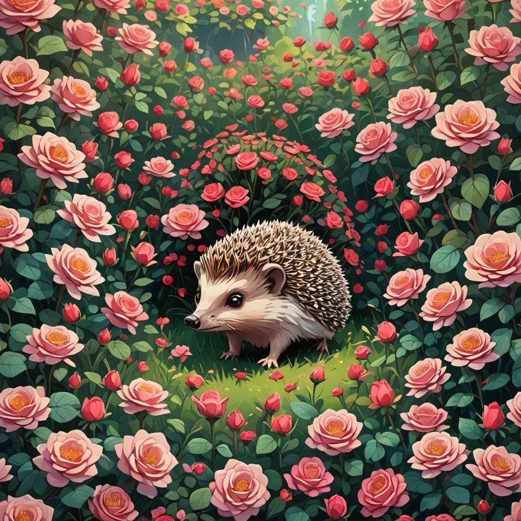 Hedgehog in Rose Garden: Pixar-Style Concept Art