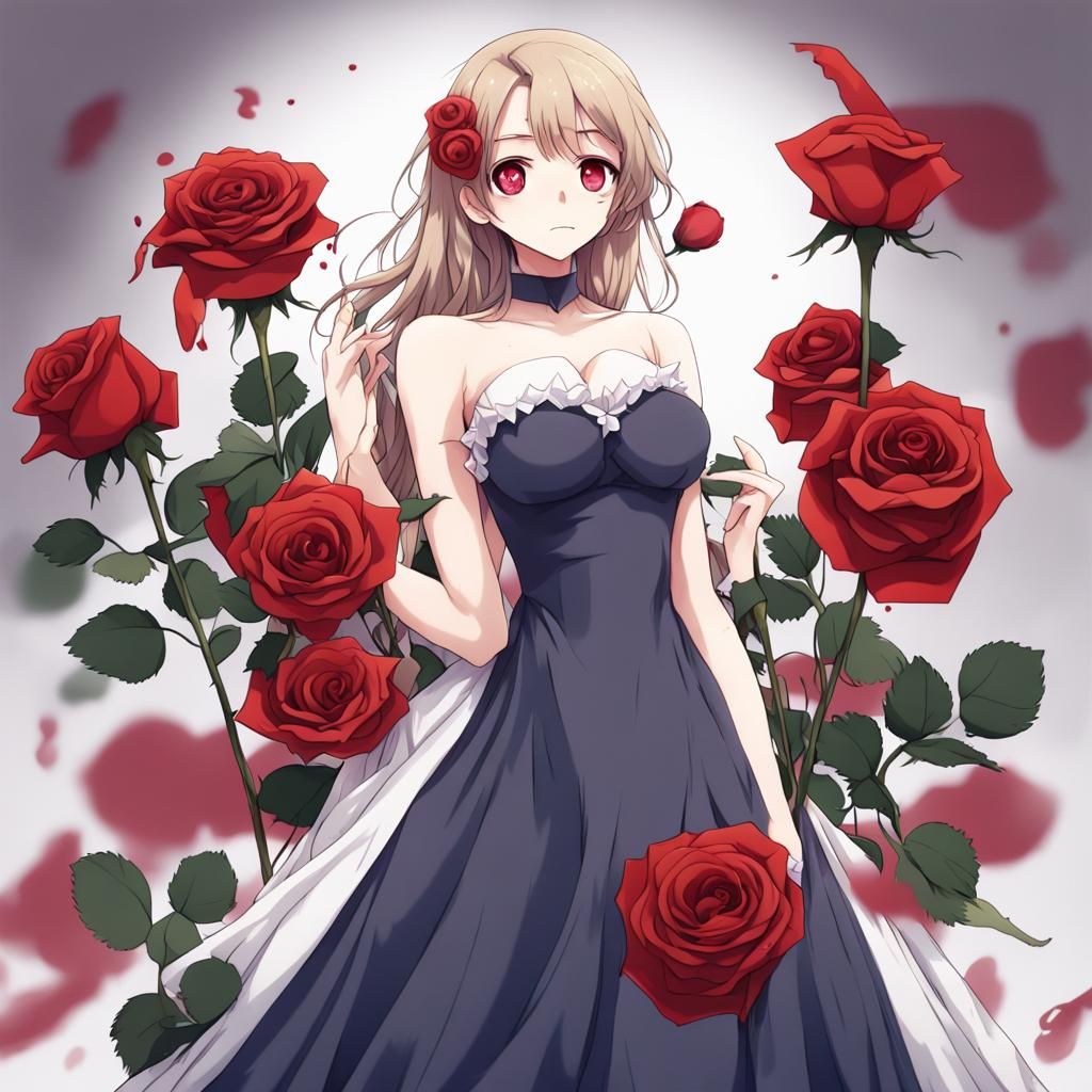 Anime Woman with Melting Dress and Roses