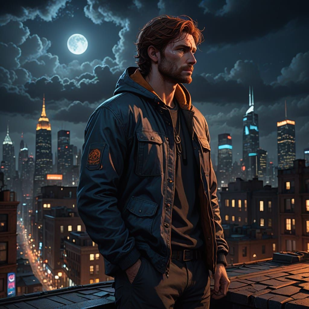 Ethereal Rooftop Figure in Fantasy Realism