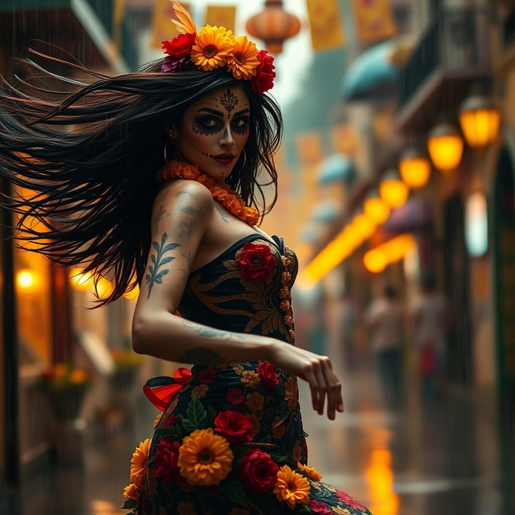 Dancing Dios de la Muertos Woman in Splash Art Style
