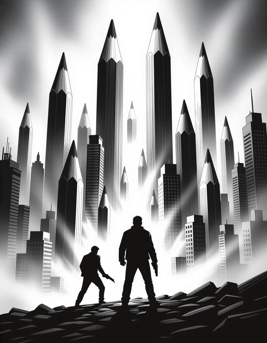 Charcoal Drawing of Man in Dystopian Pencil City