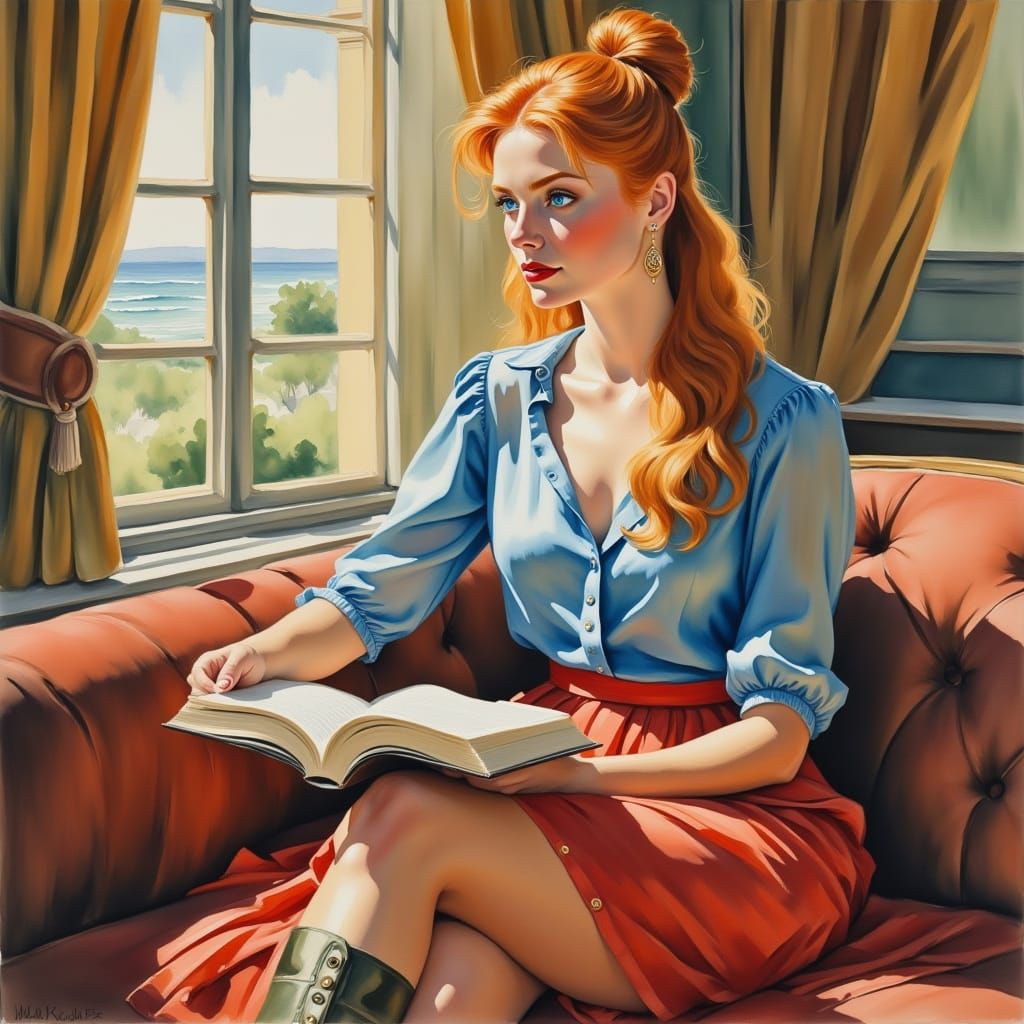 Woman Reading on Velvet Sofa in Golden Hour Light