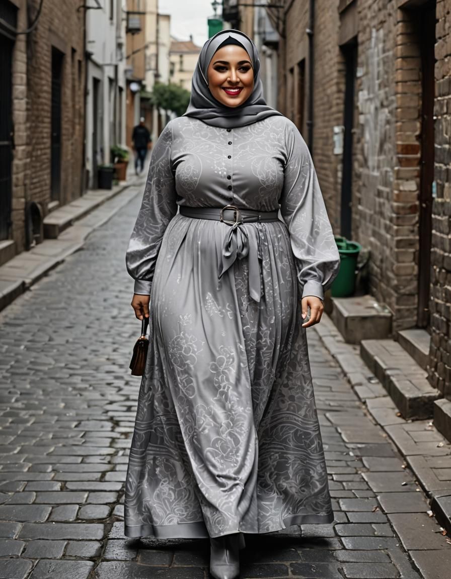 Charming Hijabi Woman in Grey Dress, Pop Art Portrait