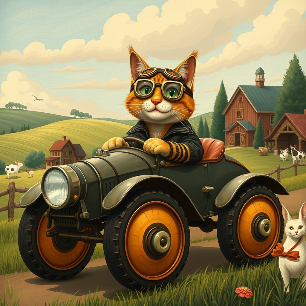Cat Drives Vintage Car Through Whimsical Farm