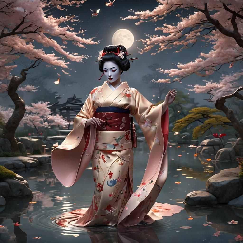 Geisha Dance Under Flower Moon: Digital Matte Painting