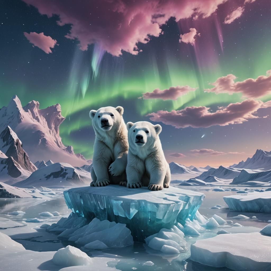 Aurora Borealis Shines on Two Polar Bear Cubs