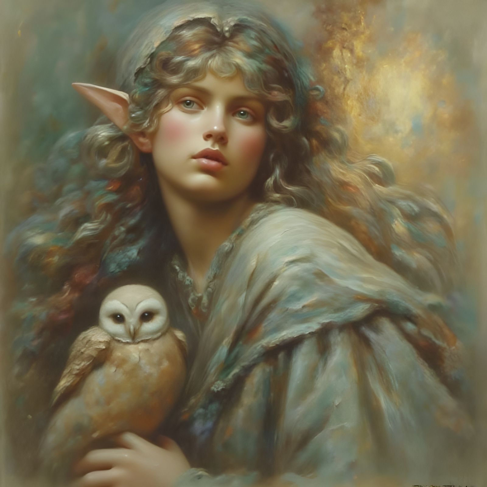 Elf Woman with Owl in Golden Leaf Style