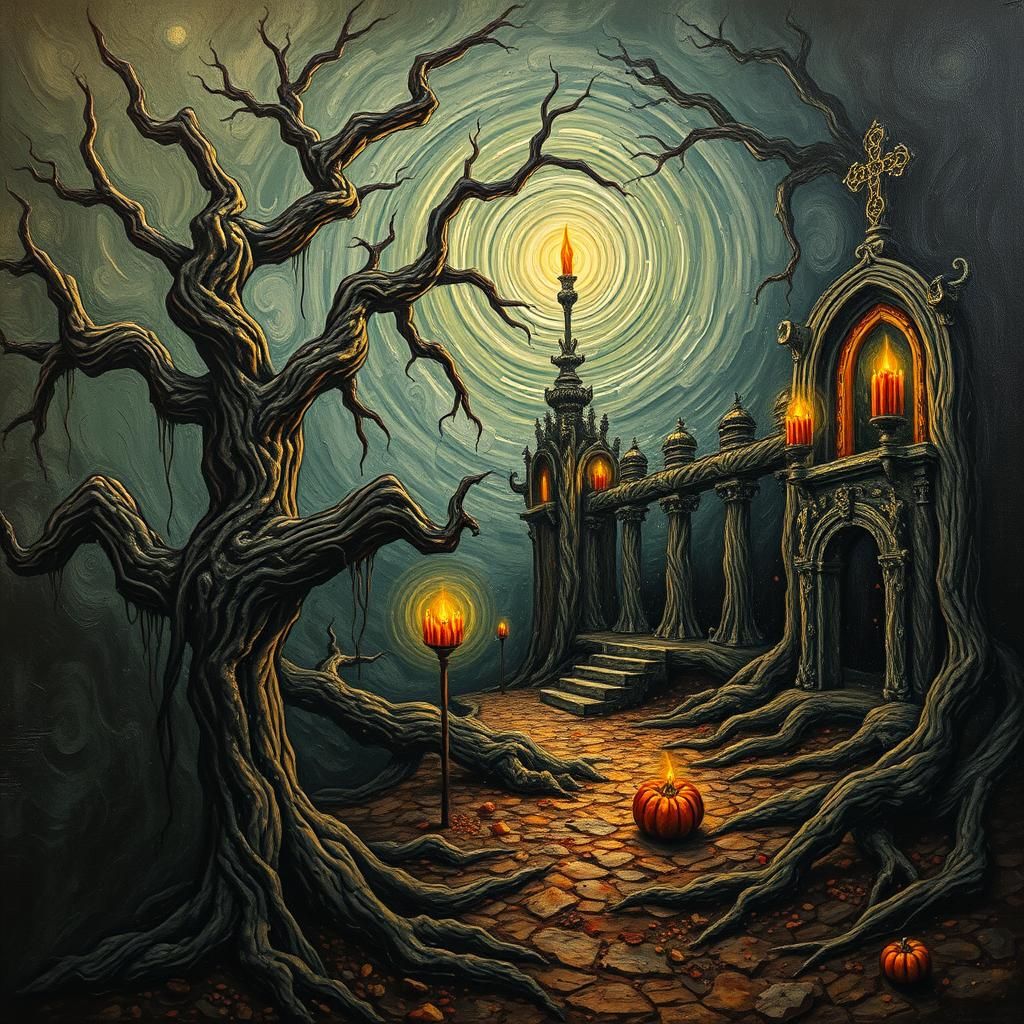 Haunting Halloween Landscape in Impasto Style