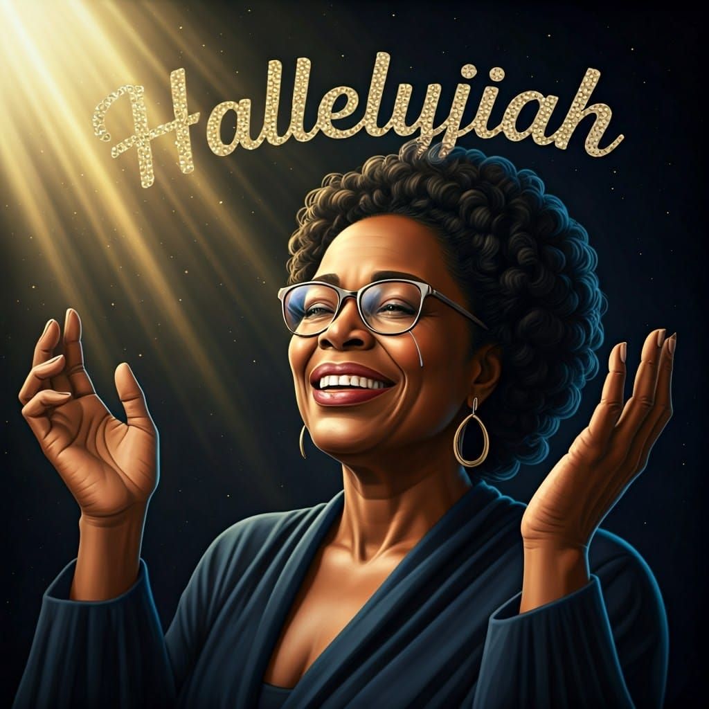 Woman's Joyful Tears Under Heavenly Light