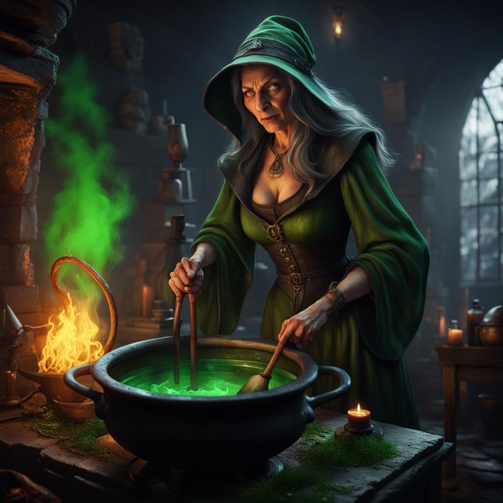 Evil Witch Stirring Cauldron in Dungeon