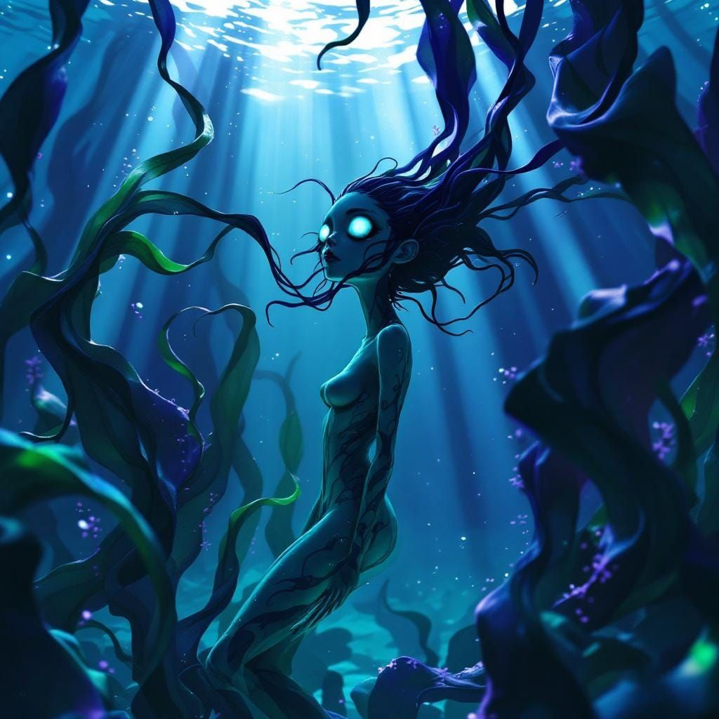 Ethereal Seaweed Woman in Underwater Sunlight