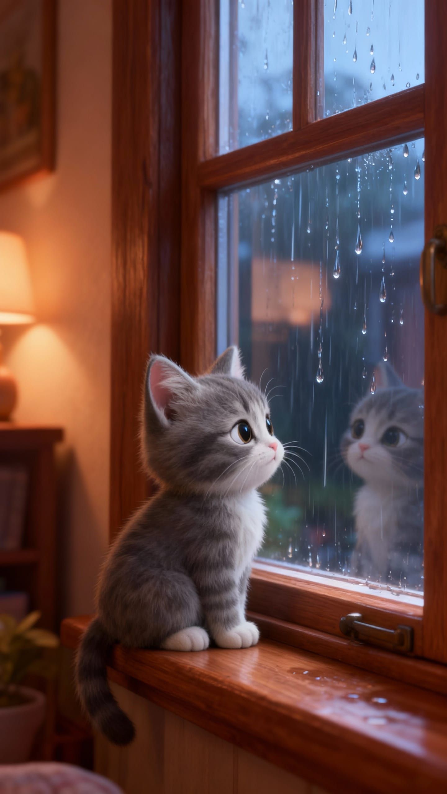 Cozy Pixar Cat Watches Raindrops From Window