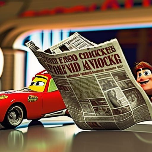 Chicken Reads Newspaper with Lightning McQueen