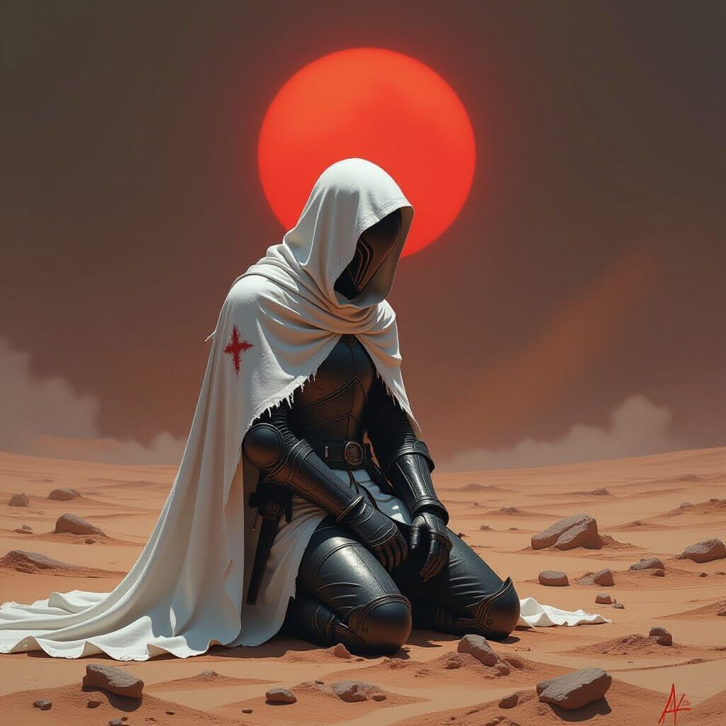 A lone Templar Knight kneels