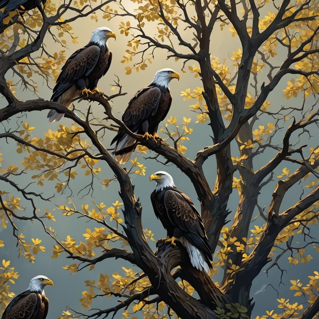 Eagle with Fish in Tree: Gouache Illustration