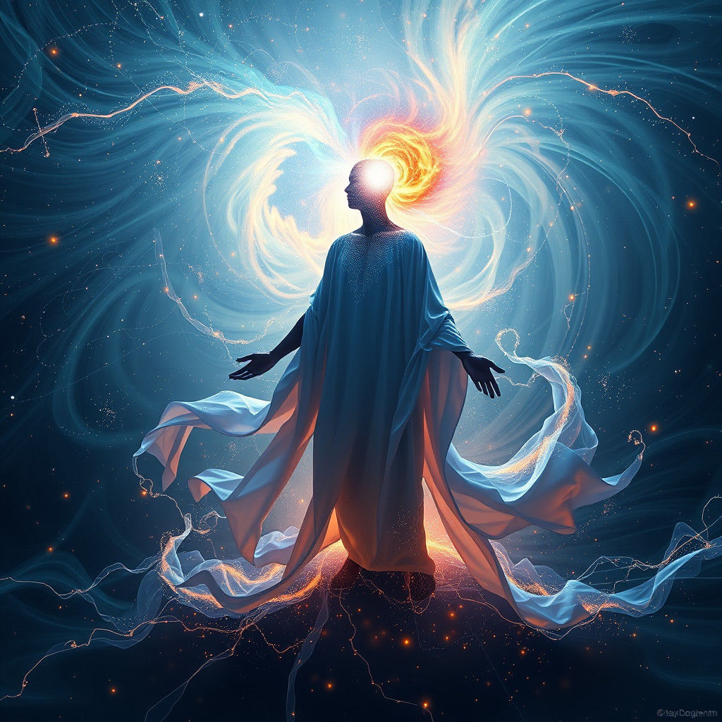 Quantum Awakening: Surreal Cosmic Silhouette in Ethereal Fie...