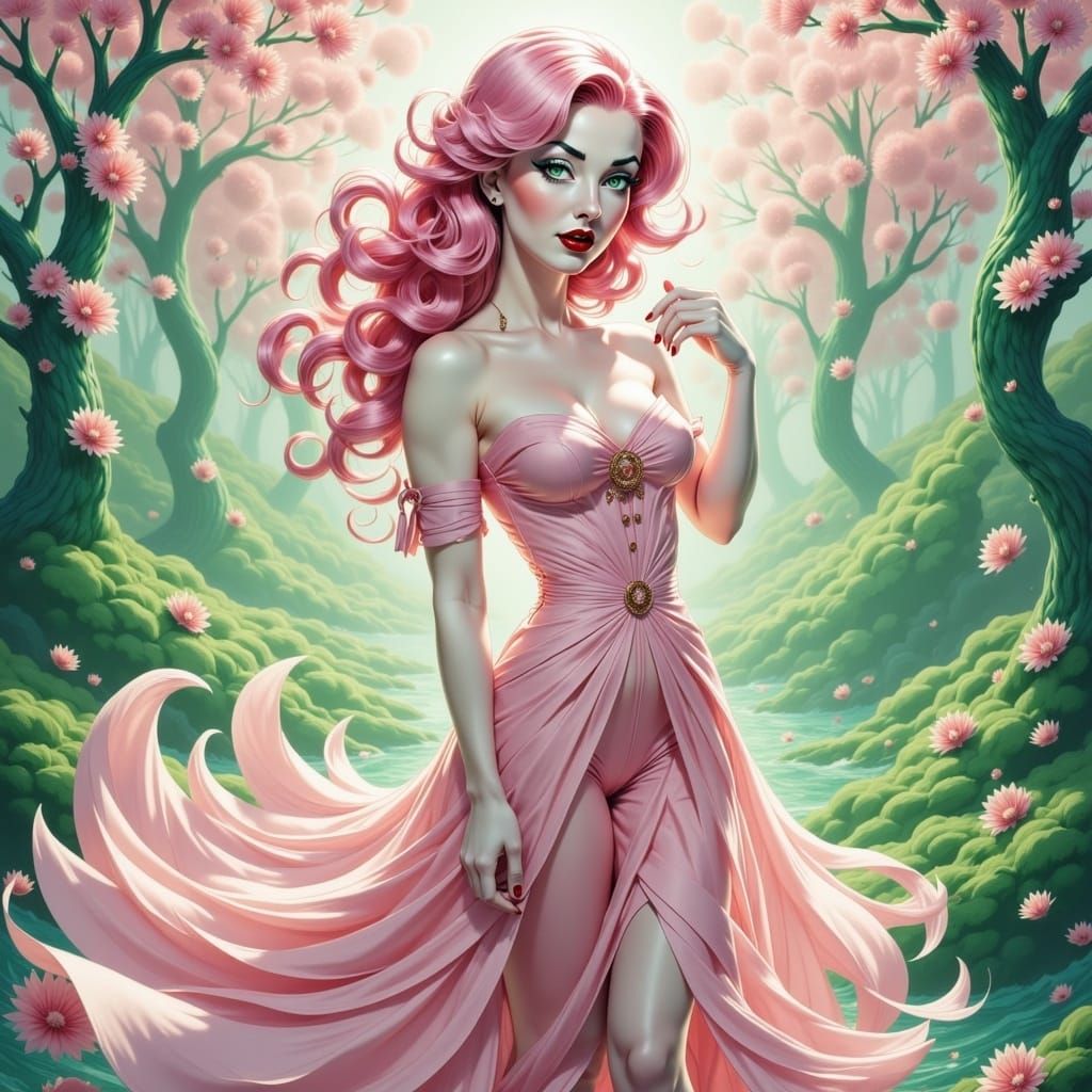 Anime Woman in Cherry Blossom Garden, Digital Art