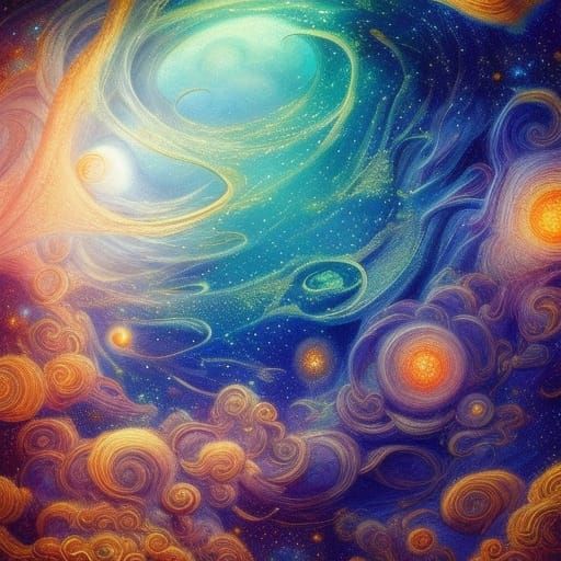 Cosmic Underwater Landscape with Celestial Clouds