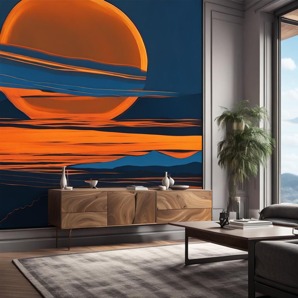 Abstract Blue and Orange Sunset Landscape: Digital Art