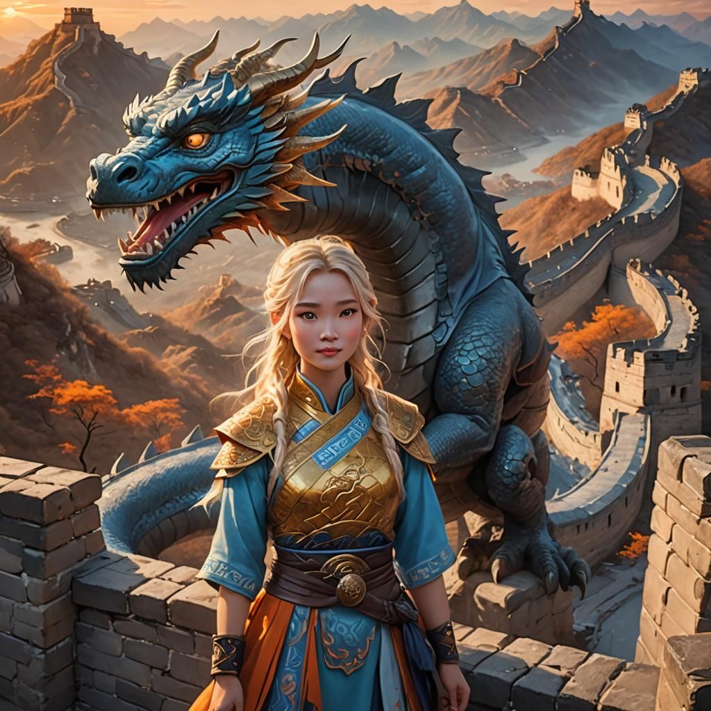 Chinese Girl and Dragon on Great Wall