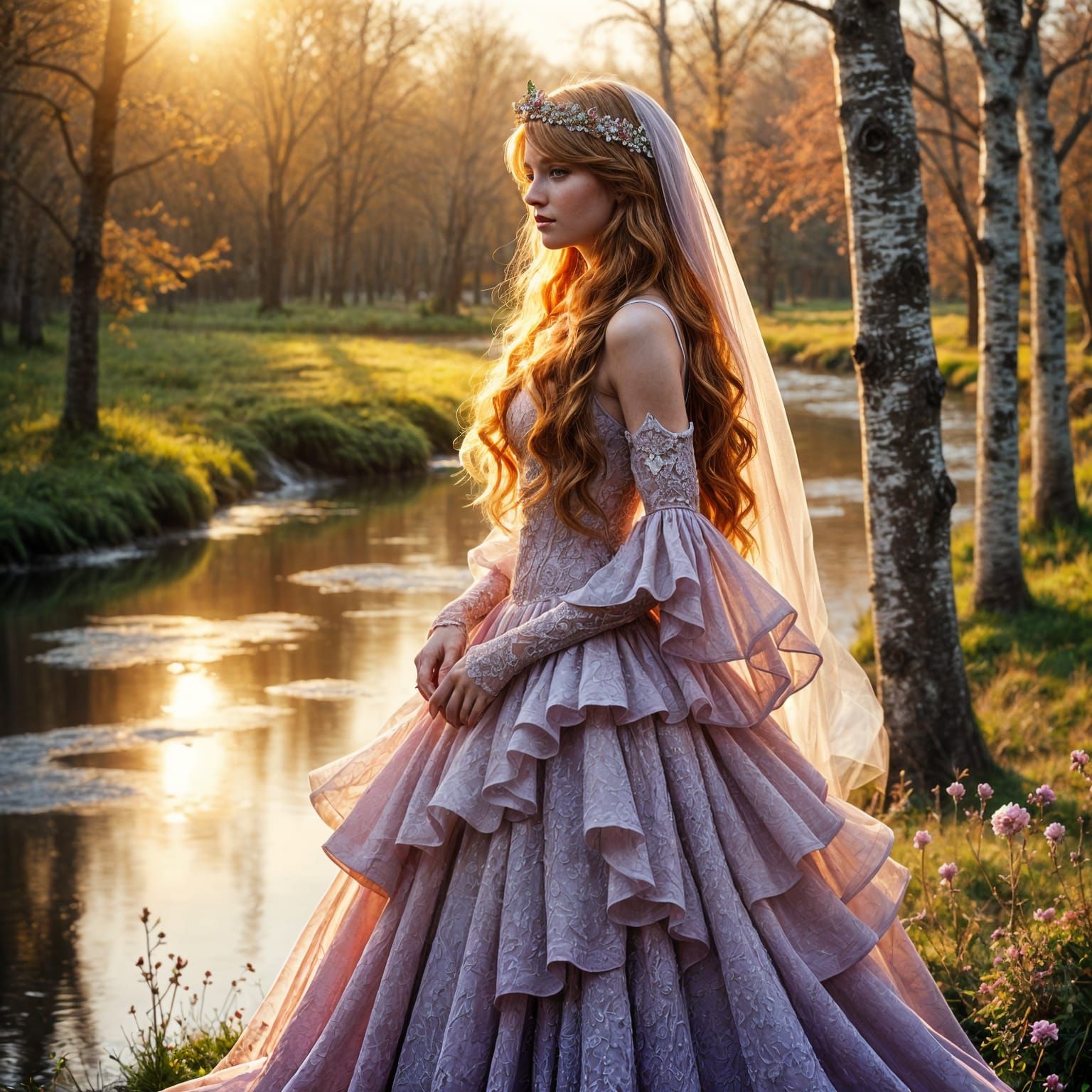 Tsarina of Pre-Petrine Era Adorns Birch Forest on Spring Day...