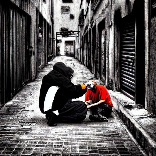 Happy Homeless Person Receives Money in Alley