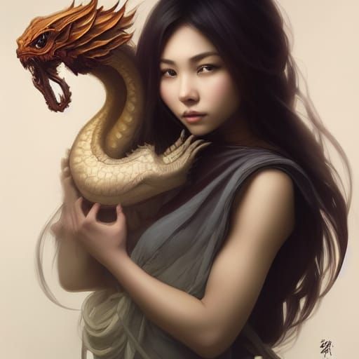 Asian Beauty with Baby Dragon Portrait
