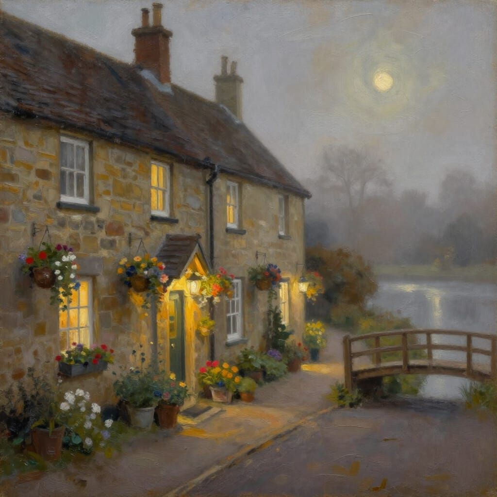Cozy British Cottage Terrace in Evening Mist Oil Painting
