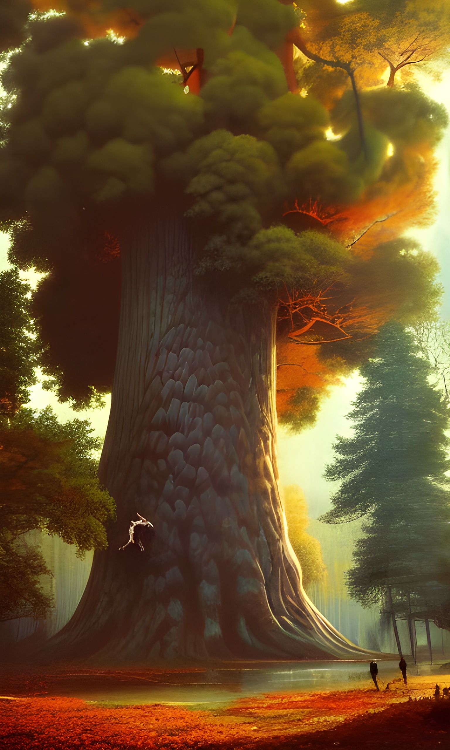 Living Oak in Autumn Forest, Extraterrestrial Cityscape