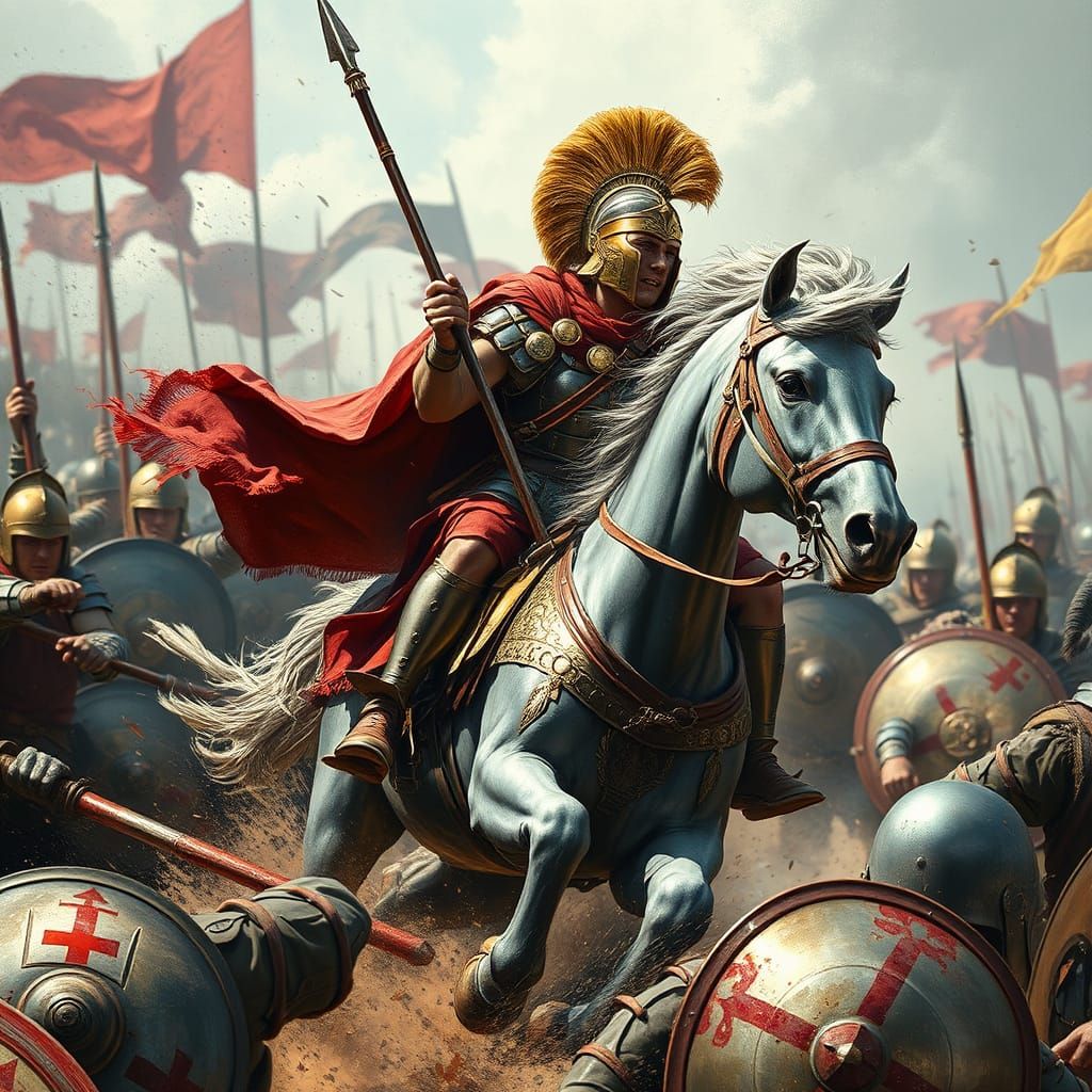 Roman Legionnaire Charges Forward in Cinematic Battle Scene