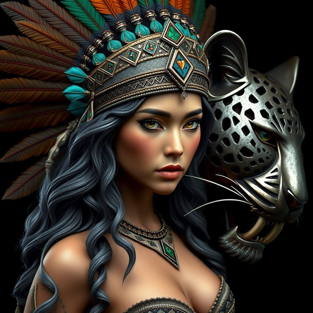 Regal Mesoamerican Princess with Jaguár Headdress