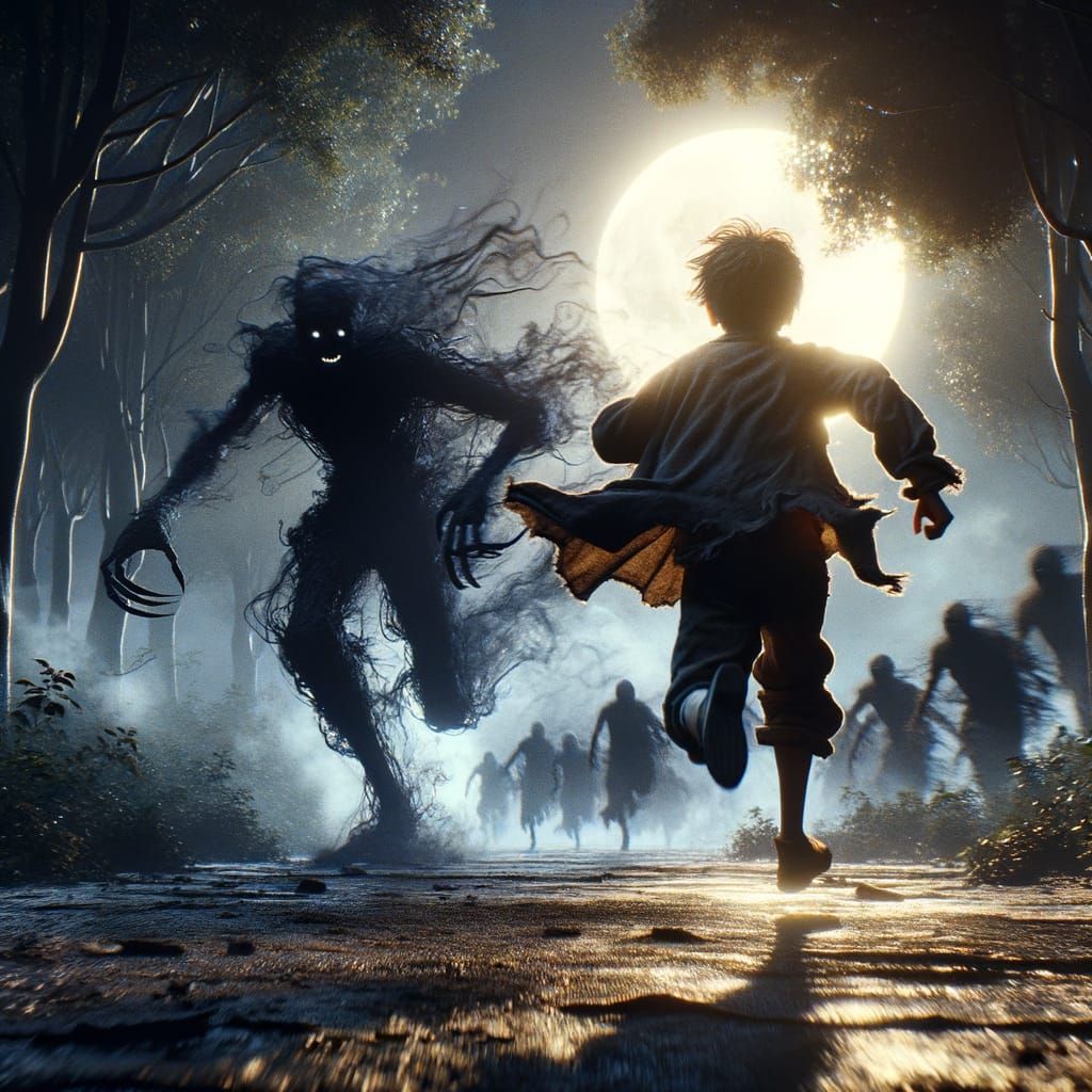 Cinematic Chase: Child Running in Moonlit Forest