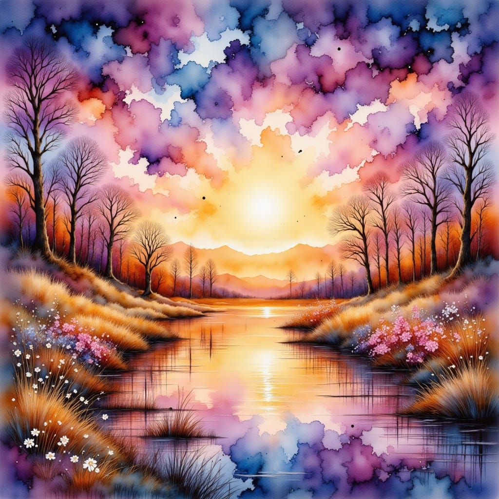 Watercolor Twilight Landscape with Hearts