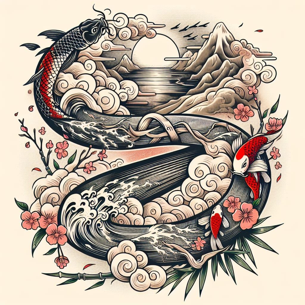 Neo-Japanese Tattoo: River Journey with Koi
