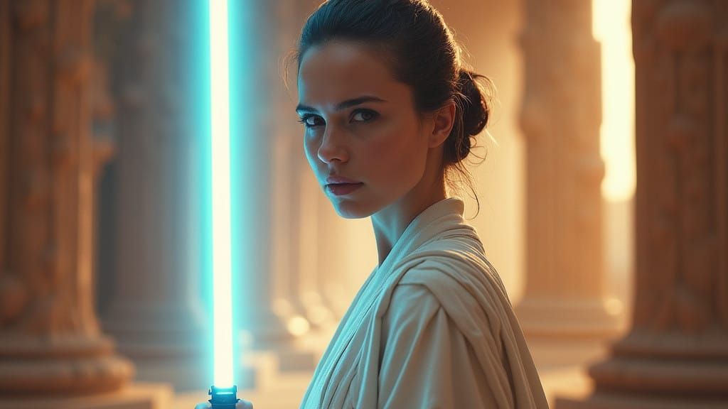 Hayley Atwell, , wearing Rey's white dress from Starwars Jedi, with