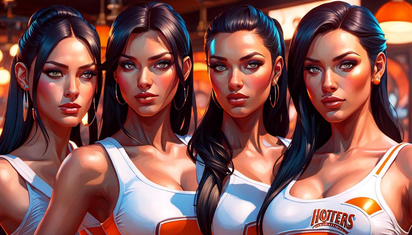 Four attractive brunettes , working in Hooters (Hotters seems to be appropriate though)