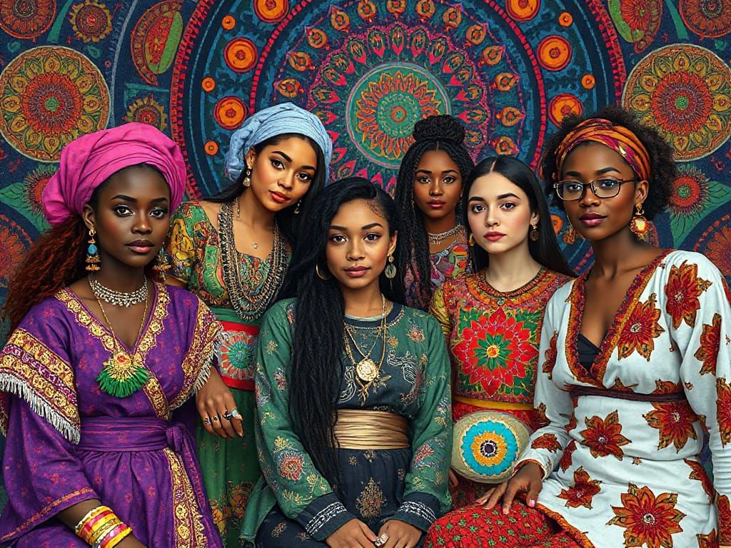 Diverse Women in Traditional Dress, Surrealist Digital Art