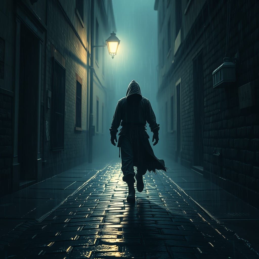 Dark Figure Flees Under a Foggy Streetlamp in a Rainy Night...