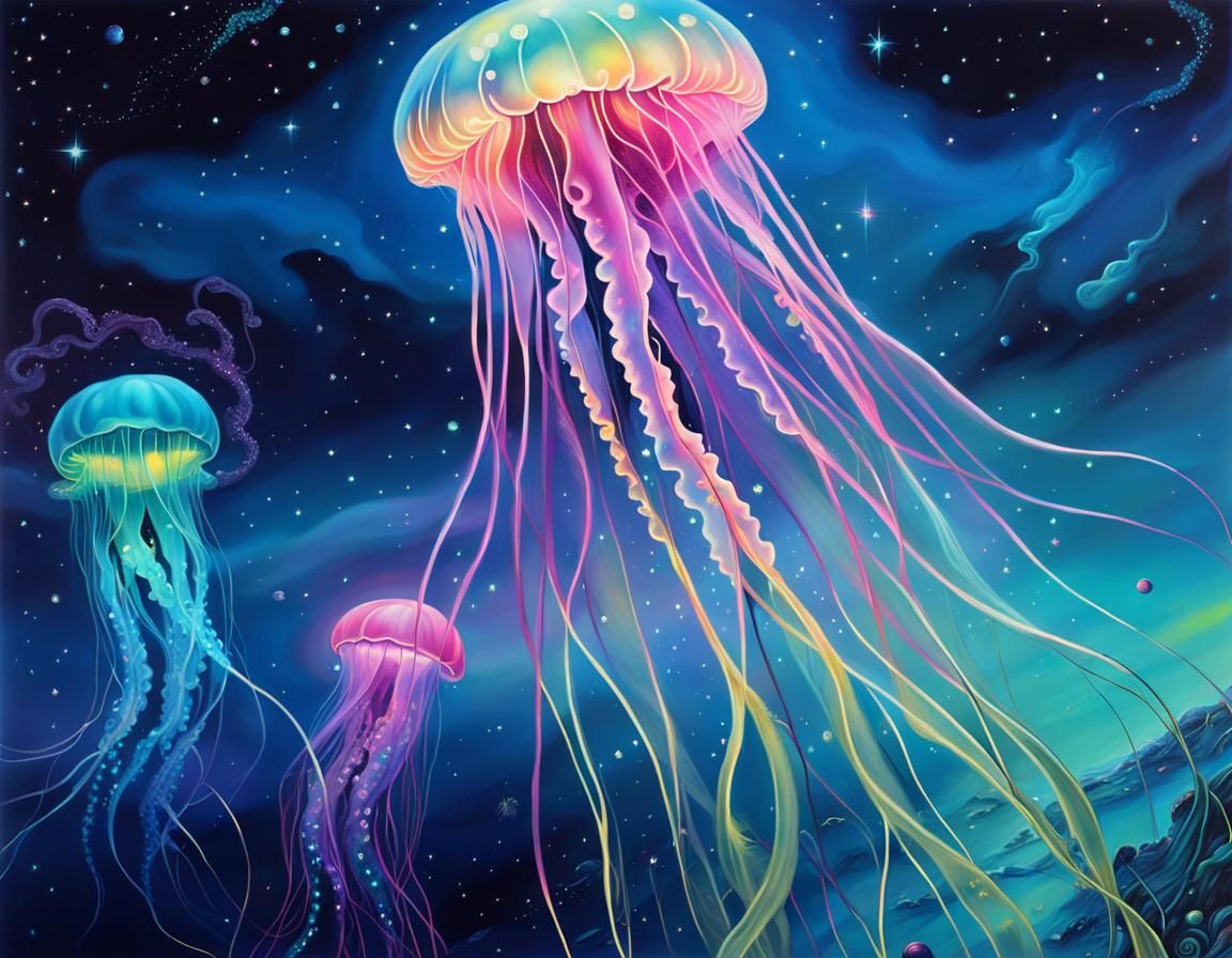 Cosmic Jellyfish in Synthwave Surrealism