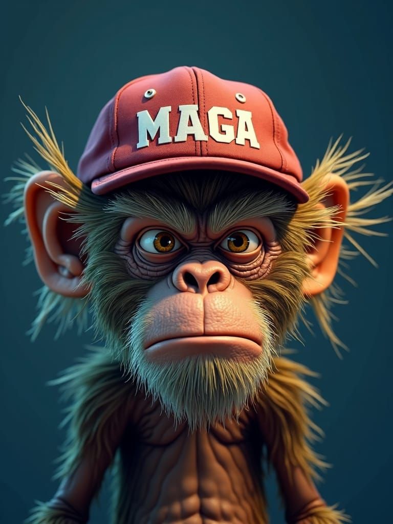 Grumpy Monkey in Cap, Detailed Digital Art