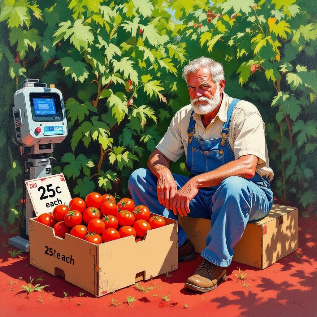 Futuristic Farmer Selling Tomatoes in Gouache Style